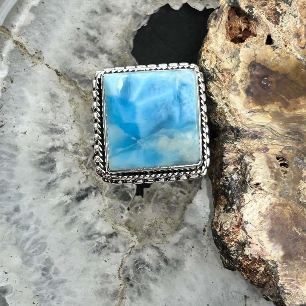 Sterling Silver Southwestern Style Larimar Decorated Bar Ring Size 7.5 For Women