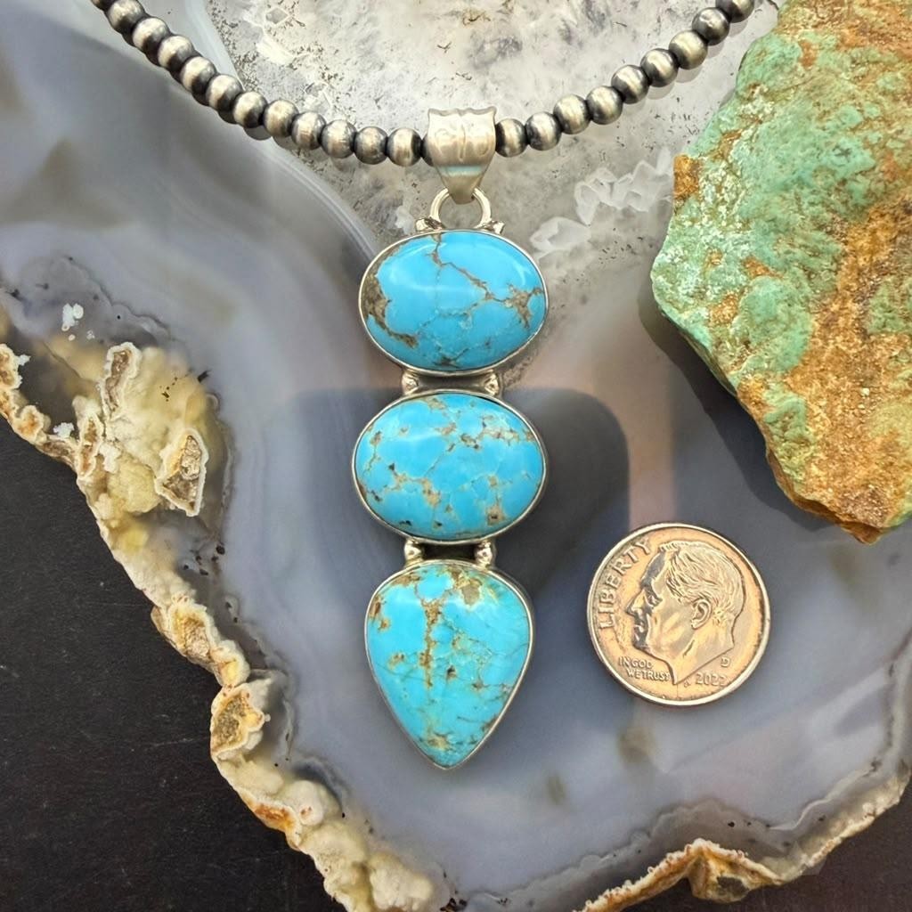 Sterling Silver Southwestern Style 3 Kingman Turquoise Pendant For Women #2