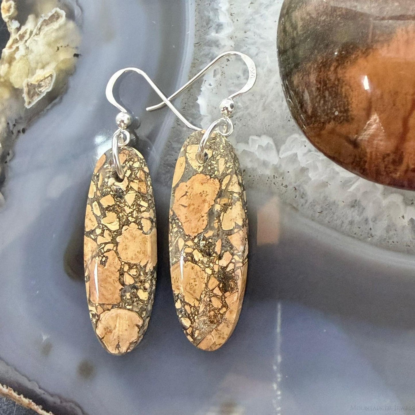 Sterling Silver Oval Maligano Jasper Slab Dangle Earrings For Women #505