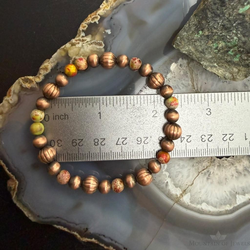 Southwestern Style Copper 6-8mm Navajo Pearl Beads & 6mm Jasper Stretch Bracelet For Women