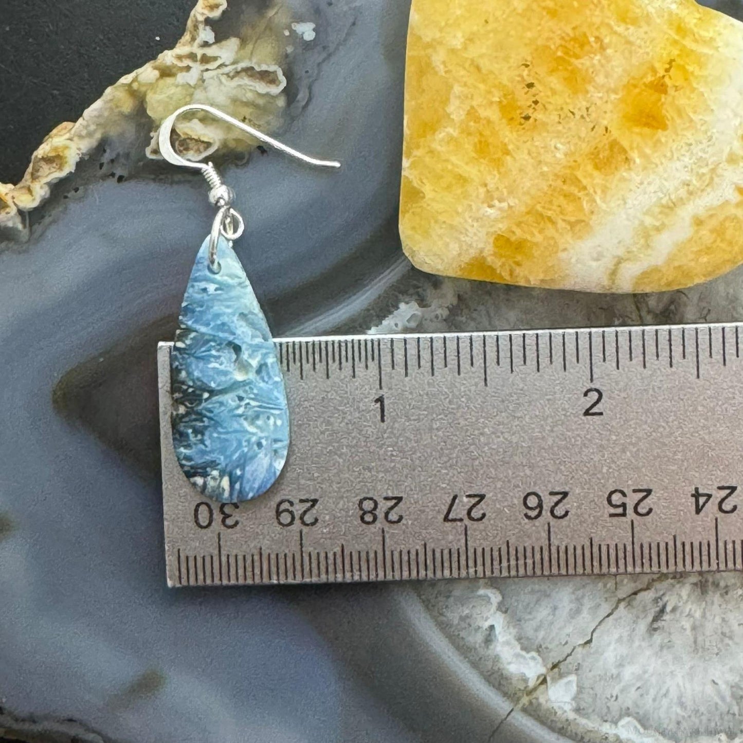 Sterling Silver Elongated Teardrop Blue Ice Jasper Slab Dangle Earrings For Women #205