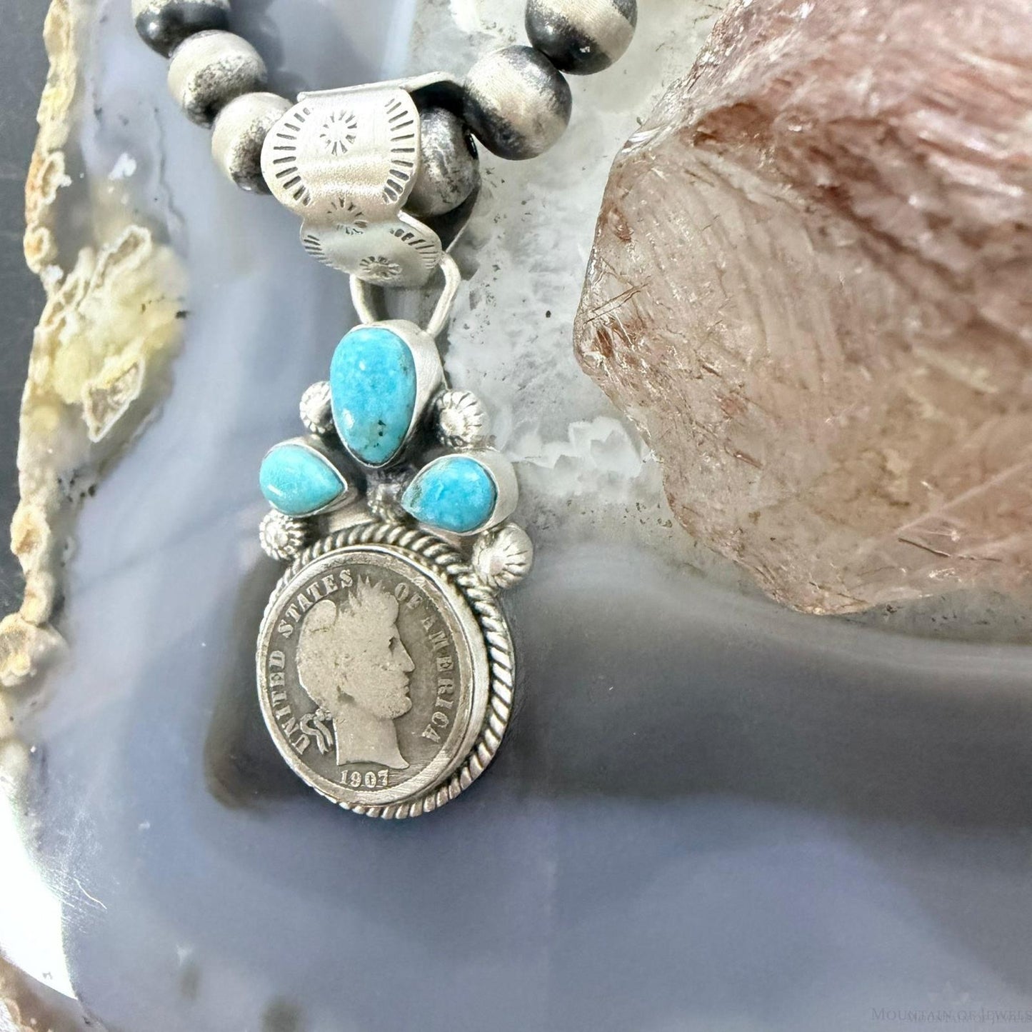 Genuine 1907 90% Silver Barber Head Dime Coin Mohave Turquoise Unisex Pendant