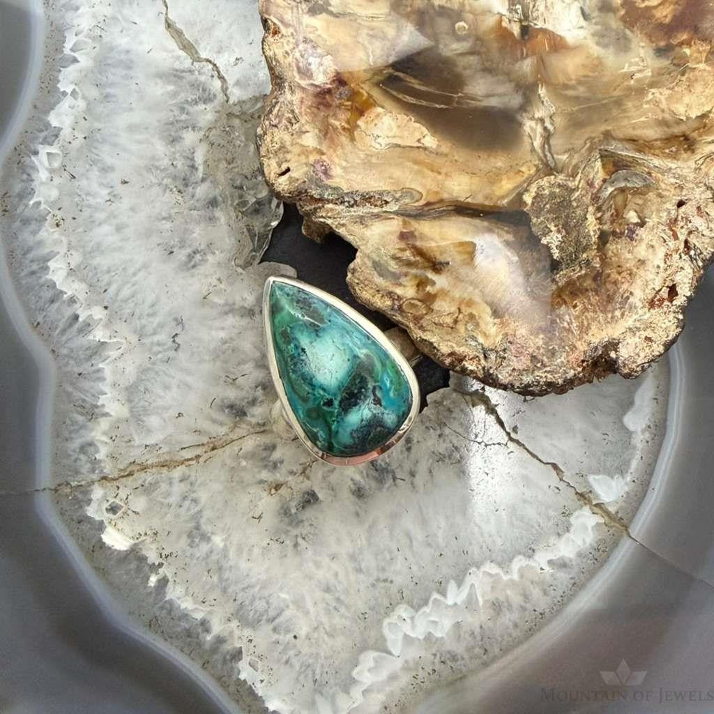 Sterling Silver Southwestern Style Teardrop Azurite Malachite Ring Size 8 For Women