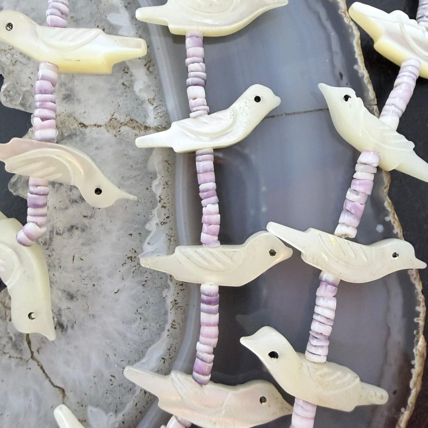 Vintage Sterling Silver 3 Strands White Shell Carved Birds & Shell Necklace For Women