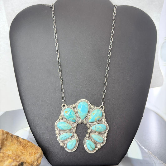 Sterling Silver Southwestern Style Teardrop Graduated Turquoise Naja Necklace For Women