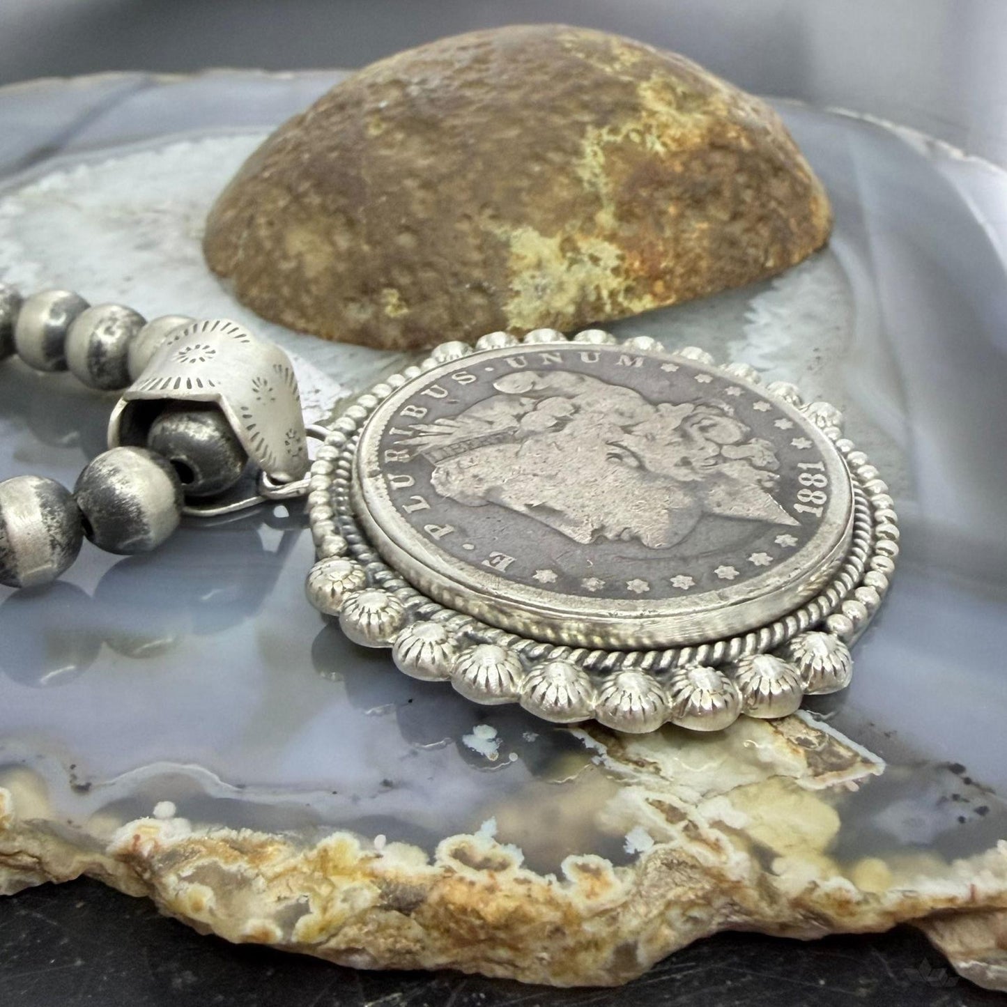 1881 Genuine 90% Silver Morgan Dollar Decorated Unisex Sterling Silver Pendant