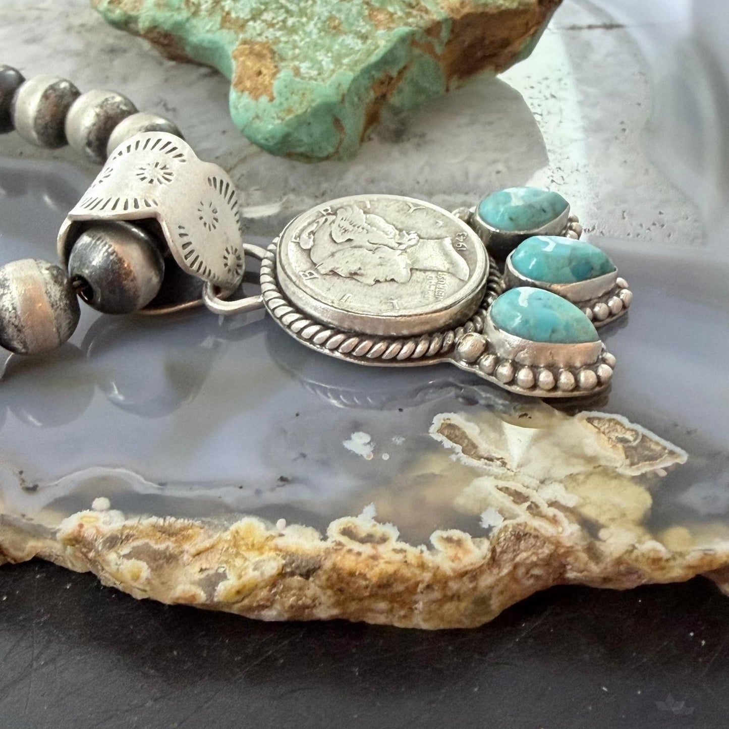 Genuine 1943 90% Silver Mercury Dime Coin w/Teardrop Turquoise Decorated Pendant