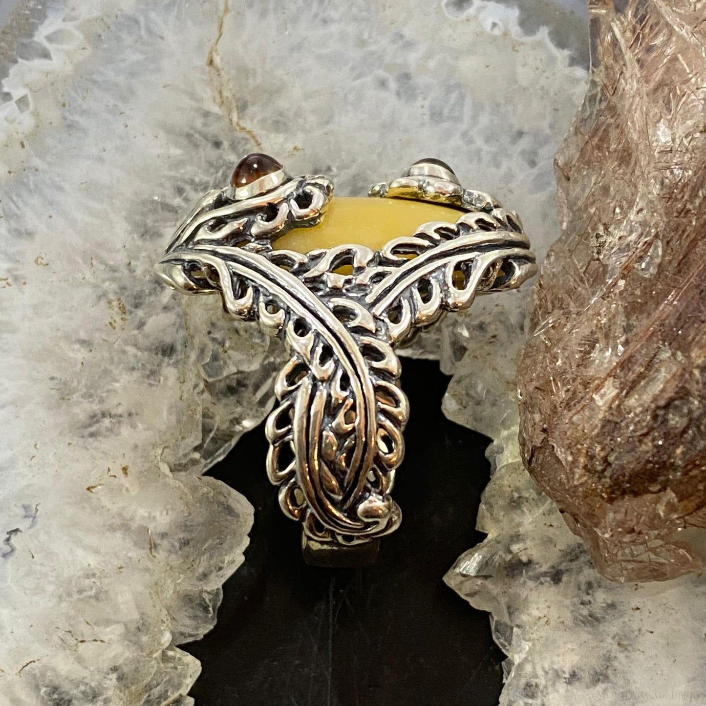 Carolyn Pollack Southwestern Style Sterling Silver Yellow Jasper, Smoky Quartz & Citrine Ring For Women