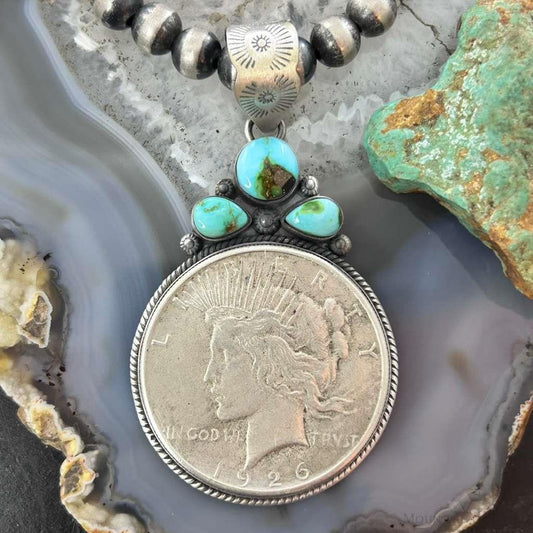 Genuine 1926 90% Peace Silver Dollar Coin Sonora Gold Turquoise Unisex Pendant