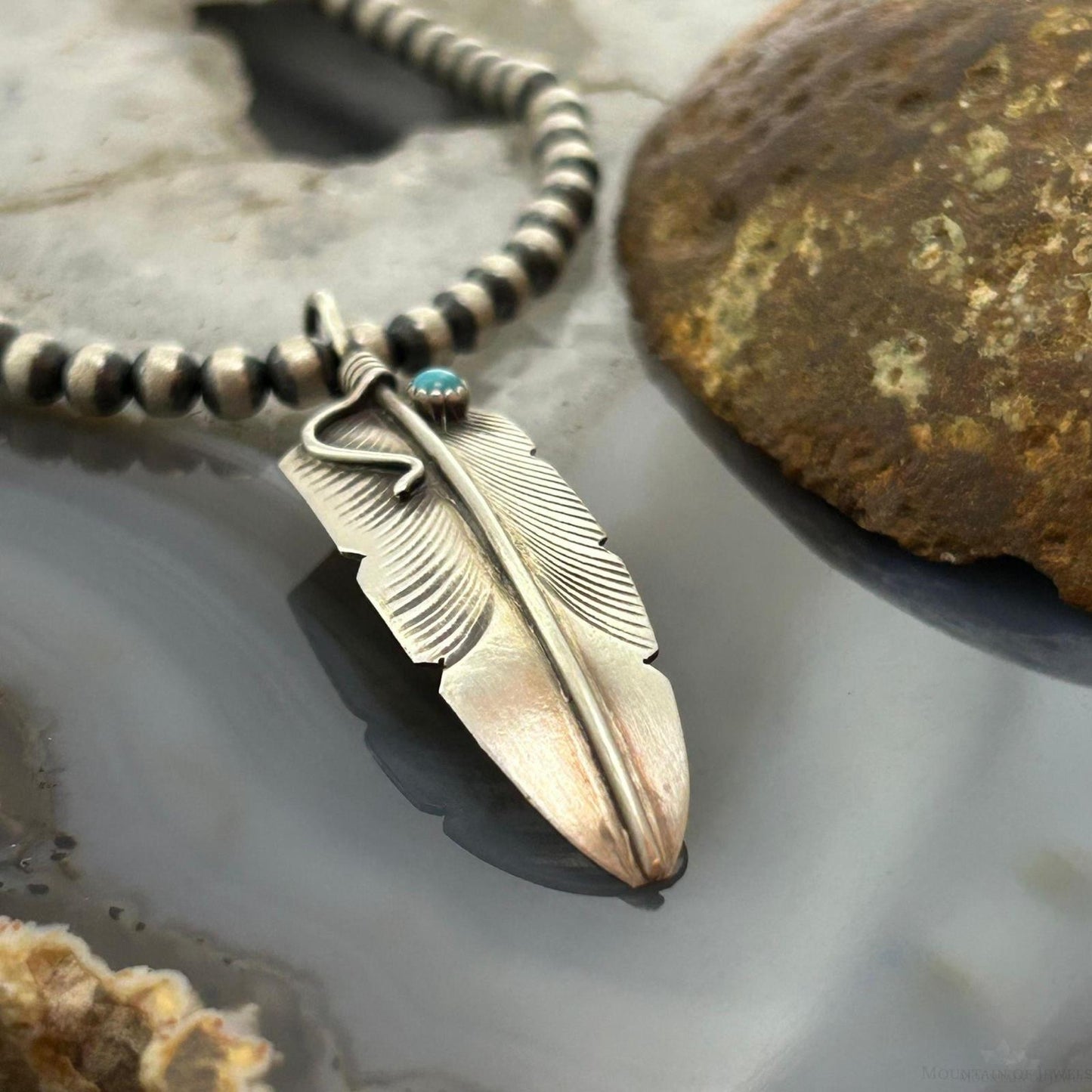 Chris Charley Native American Sterling Turquoise Dot Feather Unisex Pendant