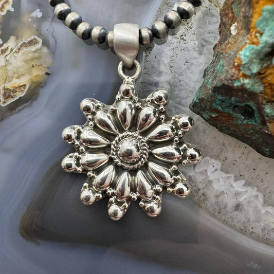 Southwestern Style Sterling Silver Decorated Cluster Floral Pendant For Women