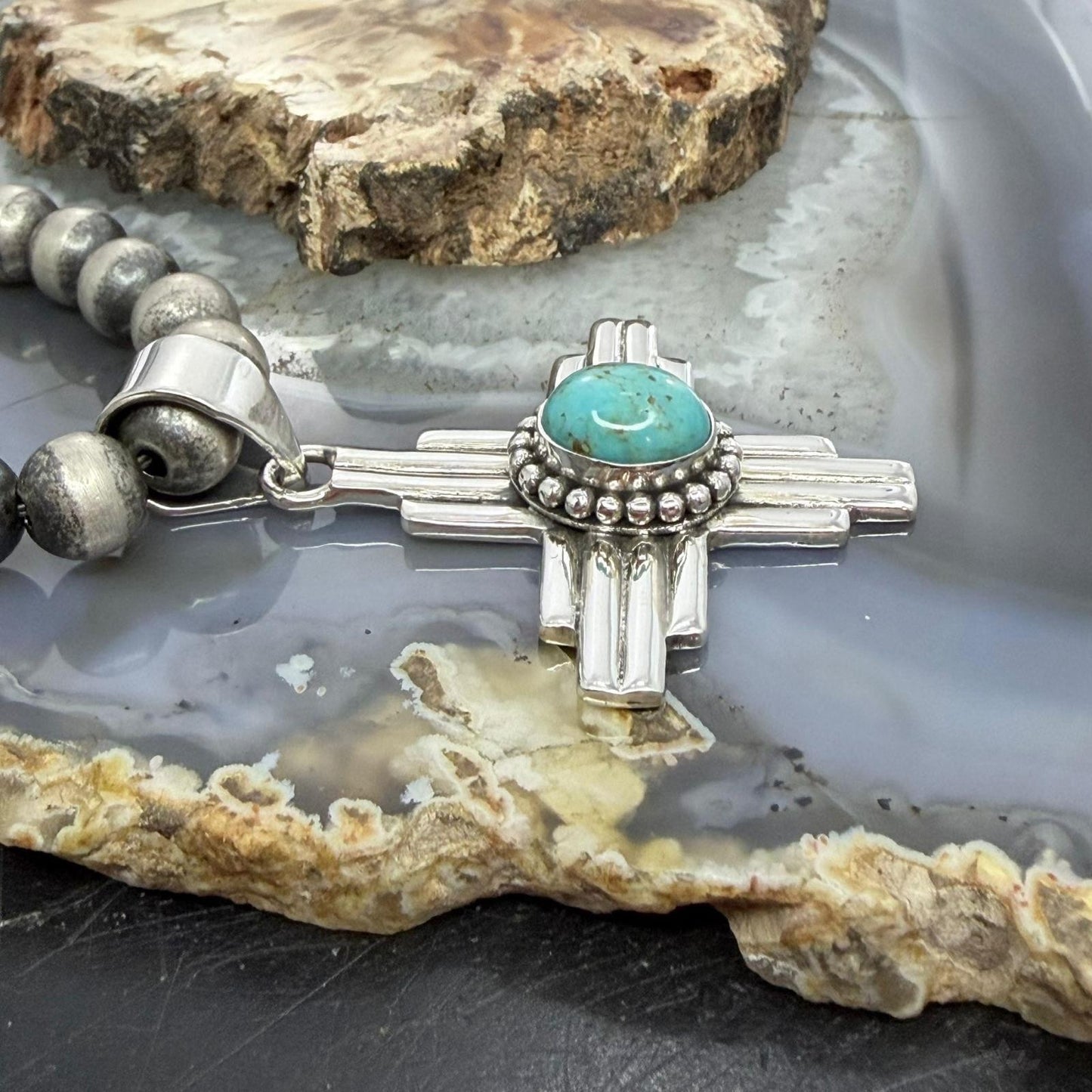 Sterling Silver Southwestern Style Oval Mohave Turquoise Unisex Zia Pendant #3