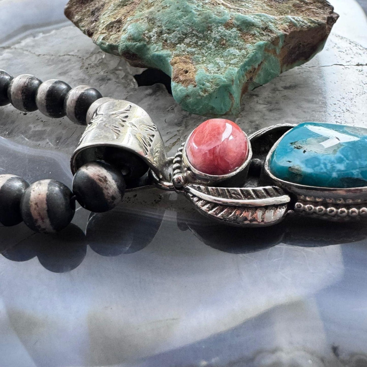 Native American Sterling Silver Oval Orange Spiny Oyster W/Triangular Turquoise Pendant For Women