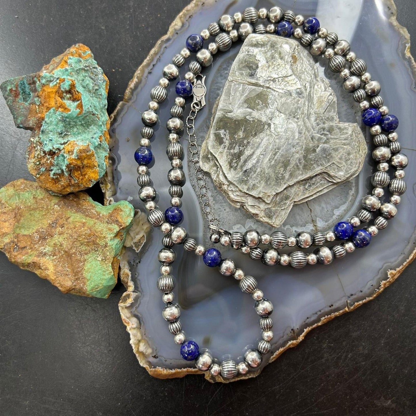 Carolyn Pollack Sterling Silver Decorated 4mm-8mm with Lapis Beads Necklace For Women