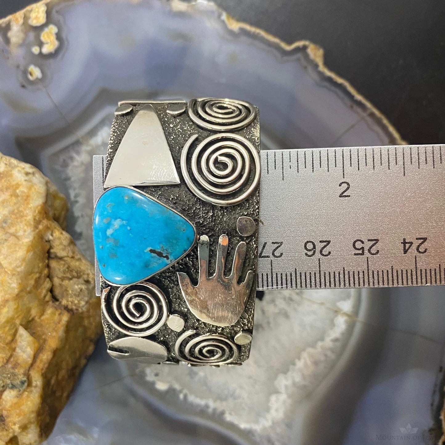 Alex Sanchez Native American Sterling Silver Petroglyph Turquoise Wide Bracelet