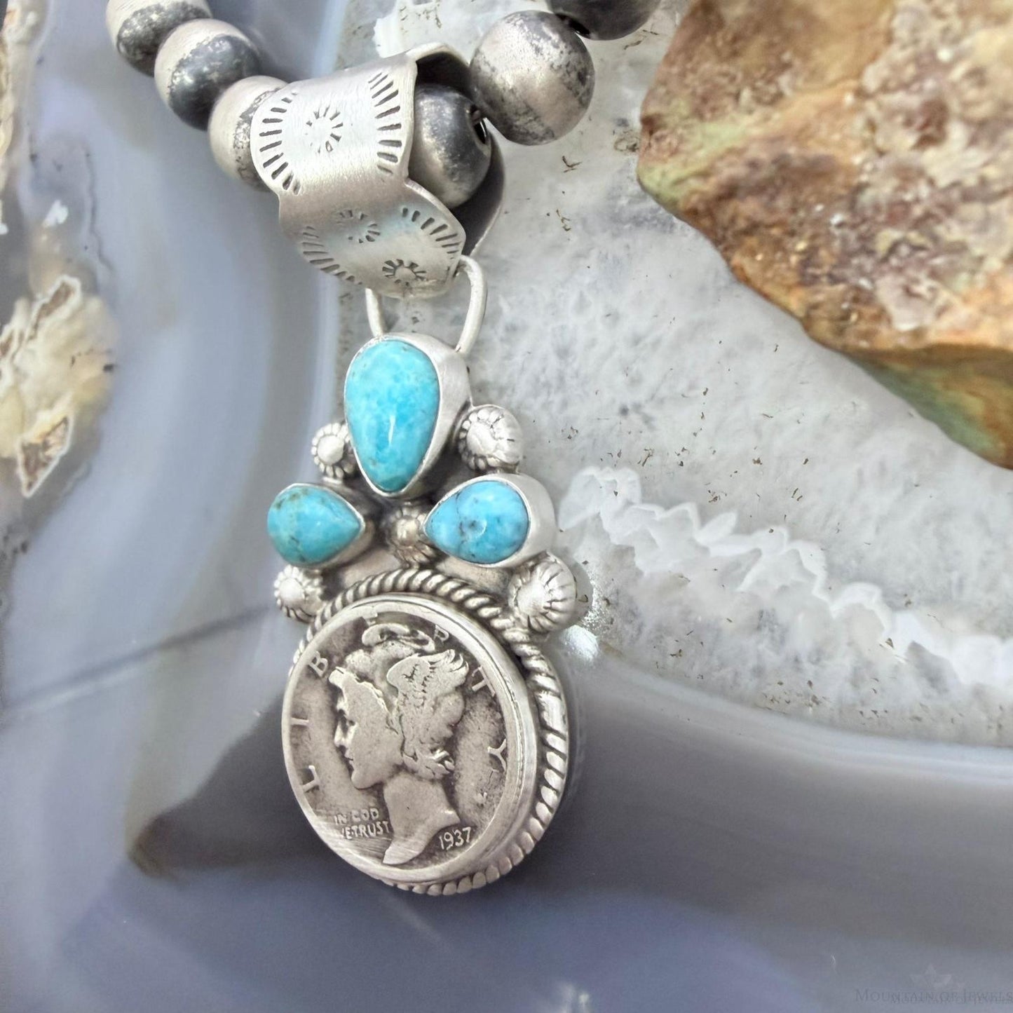 Genuine 1937 90% Silver Mercury Dime Coin Mohave Turquoise Unisex Pendant