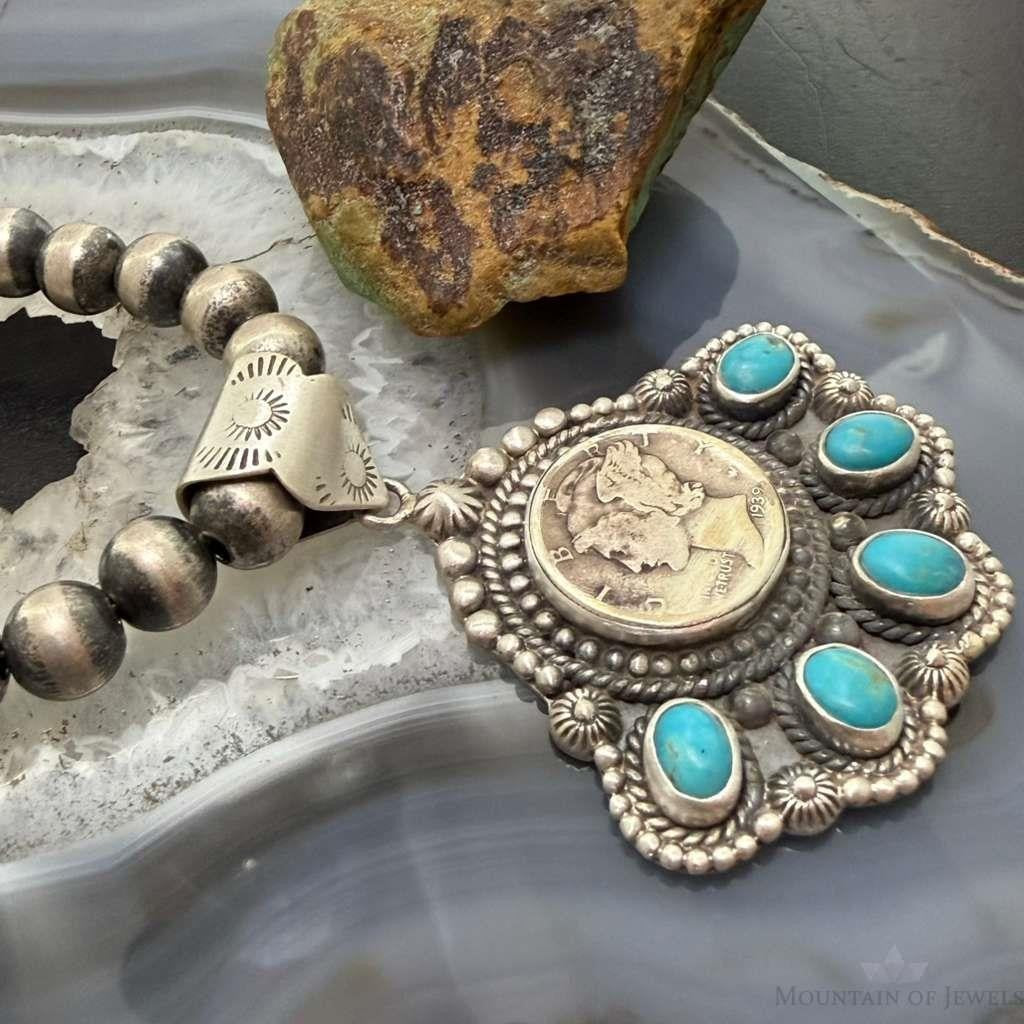 Sterling Silver Southwestern Style 1939 Mercury Dime & Kingman Turquoise Pendant