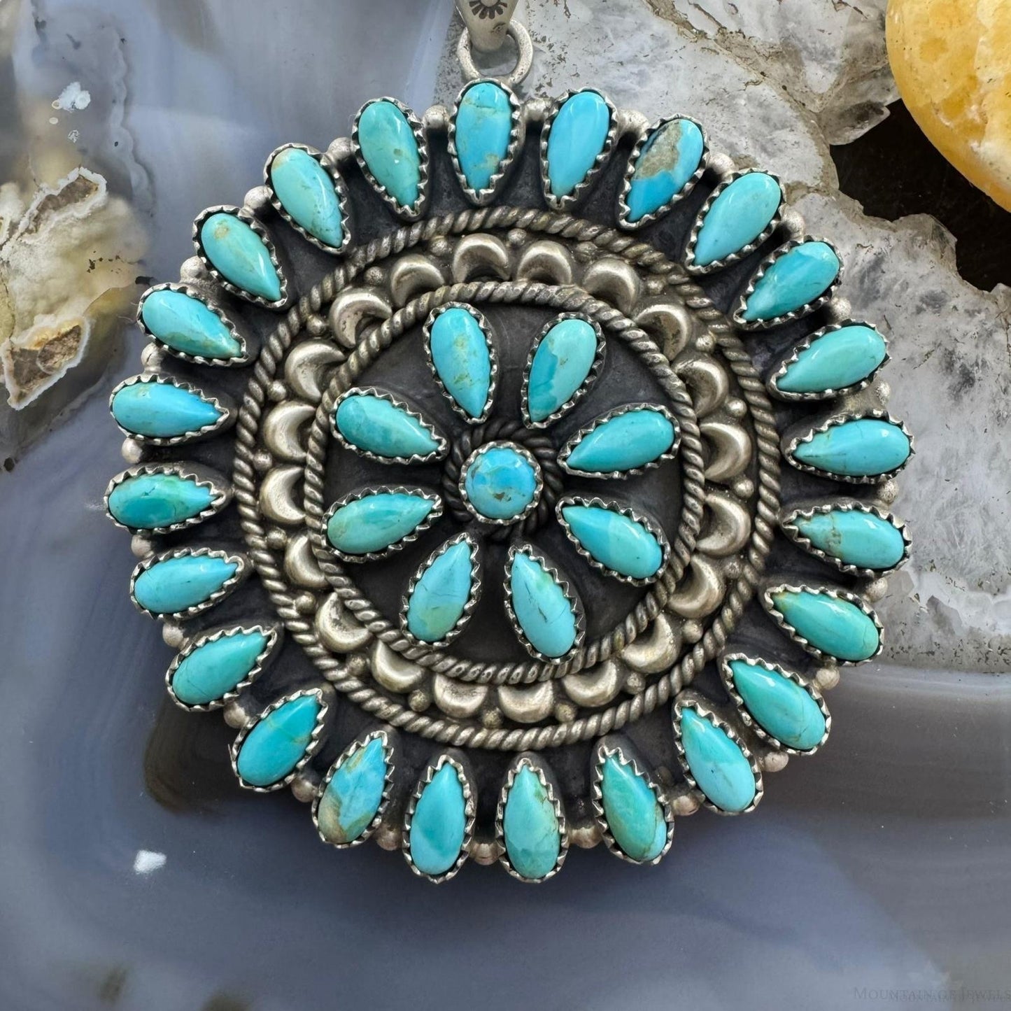Southwestern Style Sterling Silver Turquoise Decorated Round Cluster Pendant For Women