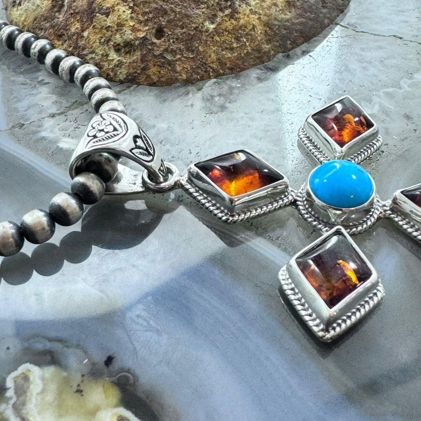 Native American Sterling Silver Turquoise & Amber Diamond Shape Cross Pendant For Women