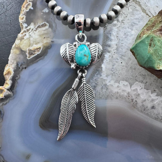 Sterling Silver Southwestern Style Turquoise Feather w/Leaves Pendant For Women