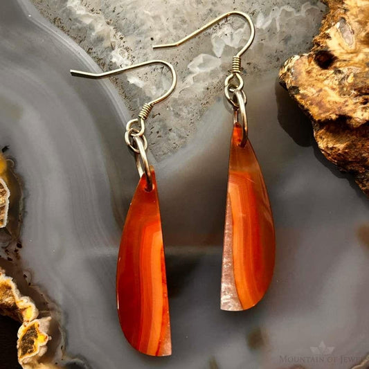 Sterling Silver Elongated Half Moon Carnelian Slab Dangle Earrings For Women 327