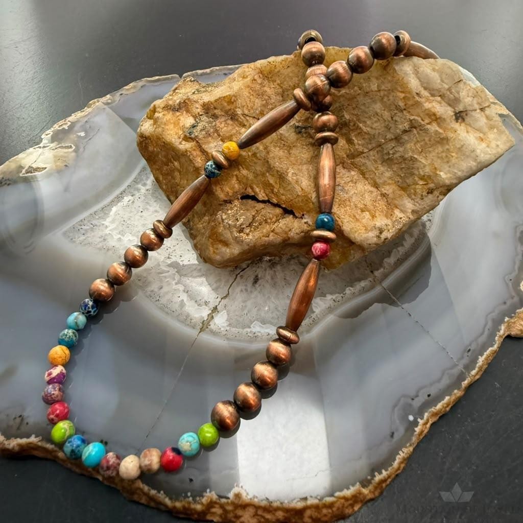 Copper Navajo Pearl Round & Cylinder w/Multi Color Sediment Jasper 18" Necklace For Women