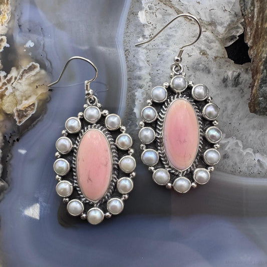 Native American Sterling Silver Oval Pink Conch w/Gray Pearls Dangle Earrings For Women