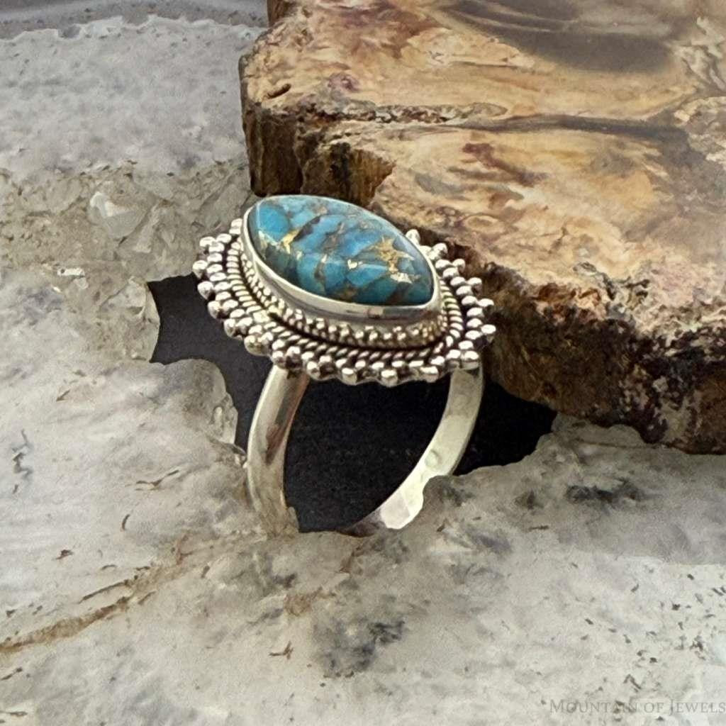 Sterling Silver Southwestern Style Marquise Copper Turquoise Ring For Women