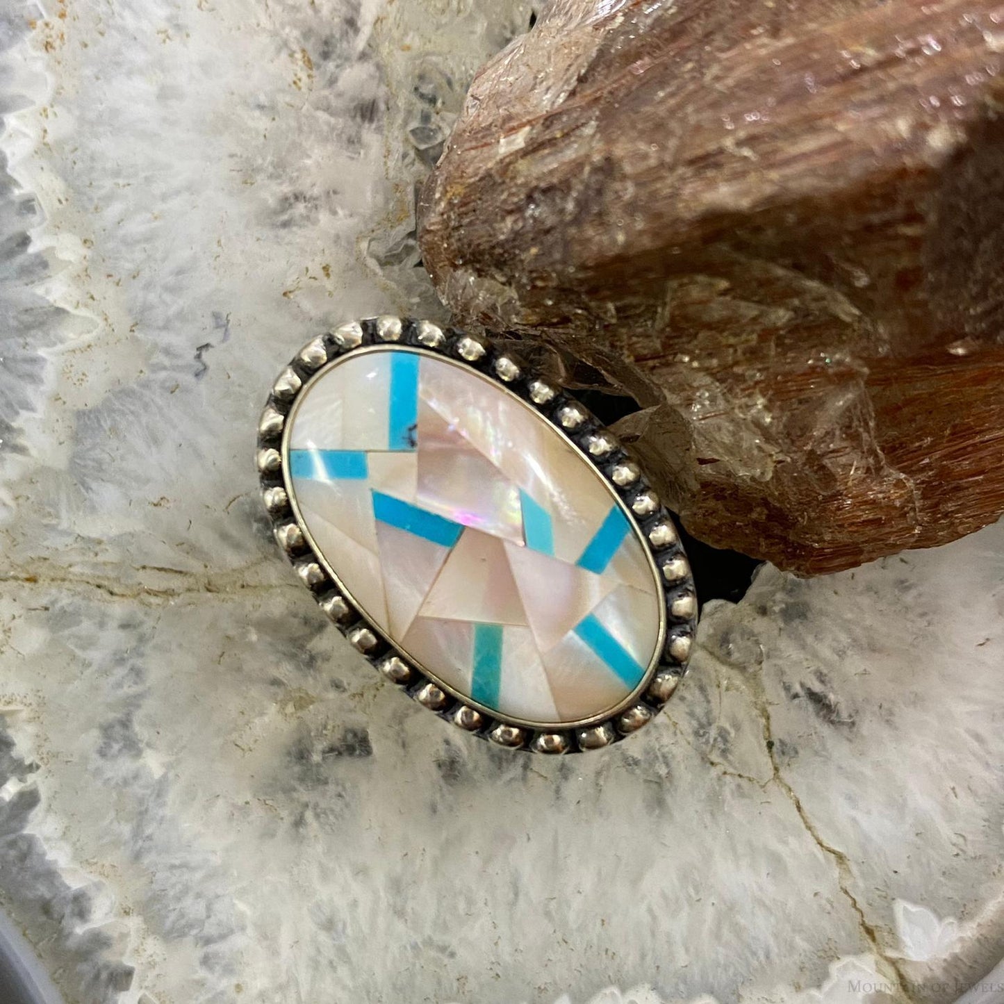 Carolyn Pollack Southwestern Style Sterling Oval MOP & Turquoise Inlay Ring For Women Sz Variety