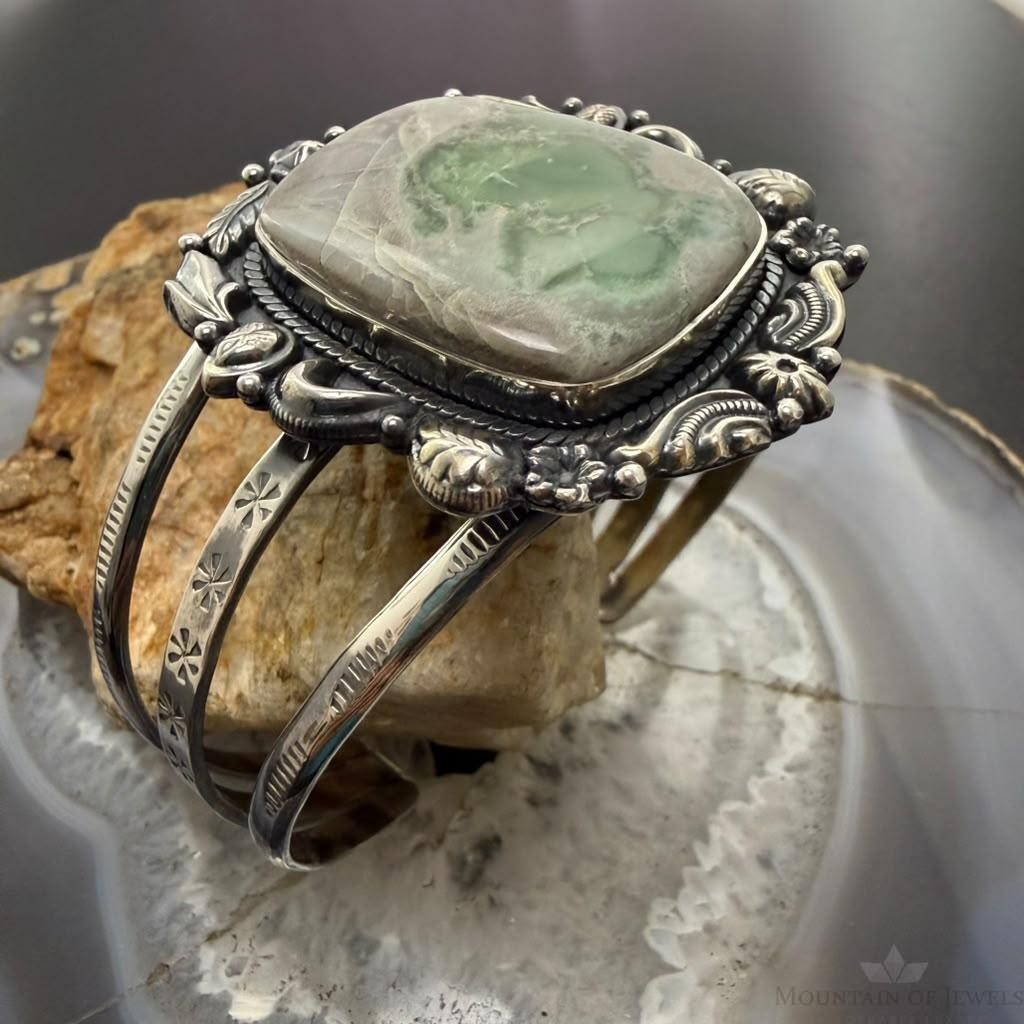 Sterling Silver Southwestern Style Square Variscite Decorated Bracelet For Women