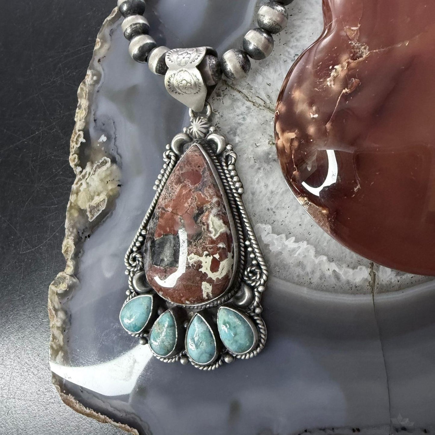 Sterling Silver Southwestern Style Large Red Creek & Mohave Turquoise Pendant For Women