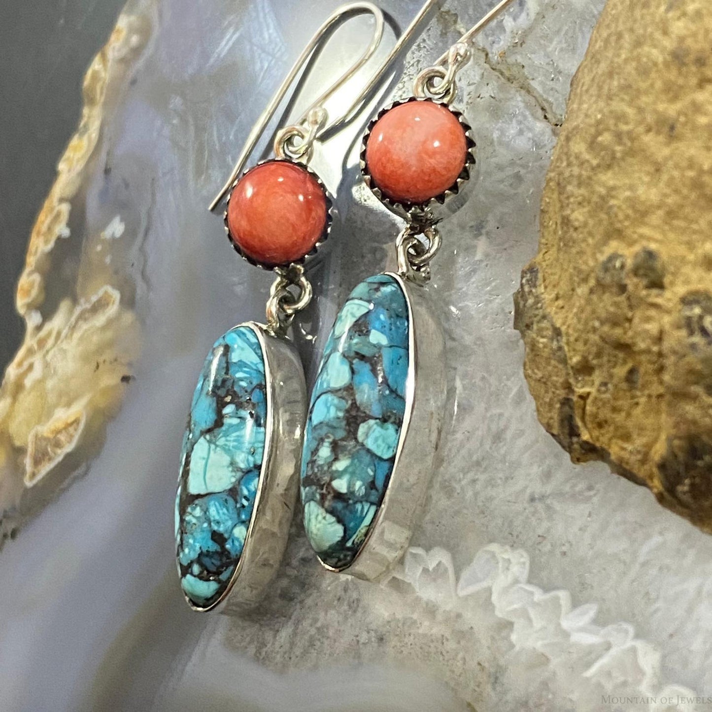 Native American Sterling Spiny Oyster & Oval Mosaic Turquoise Dangle Earrings