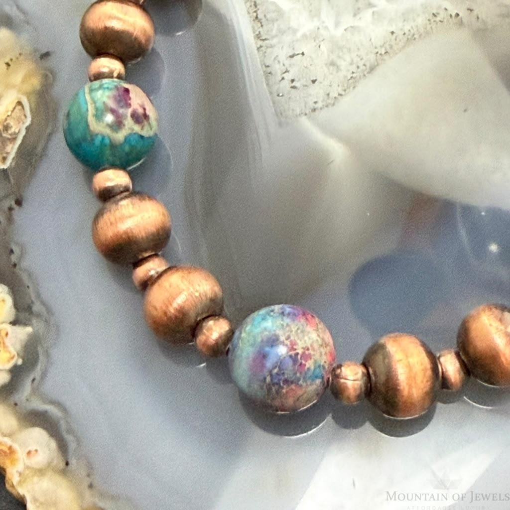 Southwestern Style 4-8mm Copper Navajo Pearl Beads &10mm Jasper Stretch Bracelet For Women