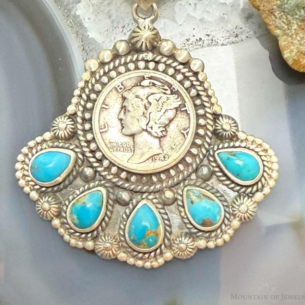 Sterling Silver Southwestern Style 1942 Mercury Dime & Kingman Turquoise Pendant