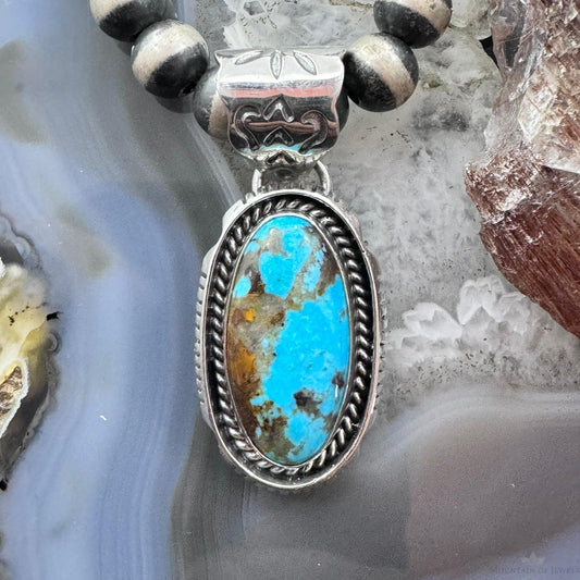 Native American Sterling Silver Elongated Oval Turquoise Unisex Pendant #2