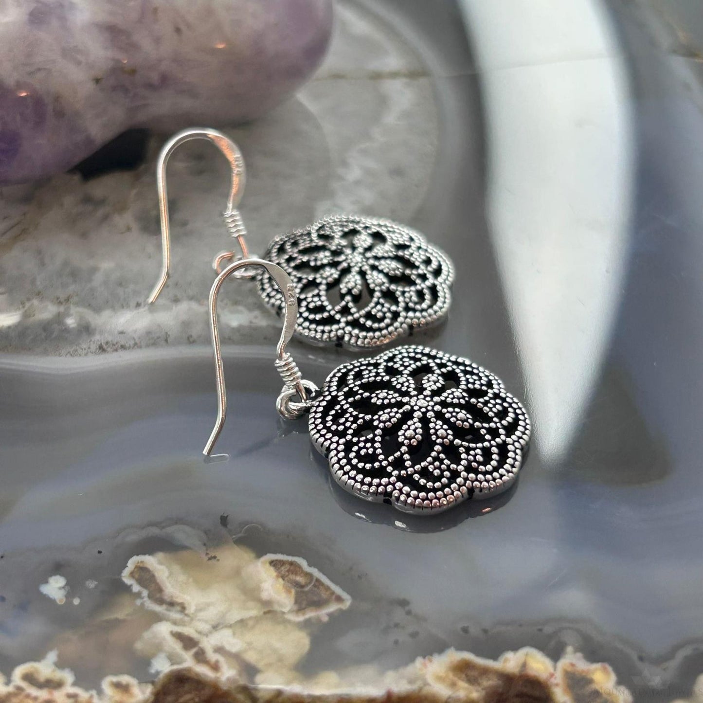Sterling Silver Lattice Floral Design Dangle Earrings For Women