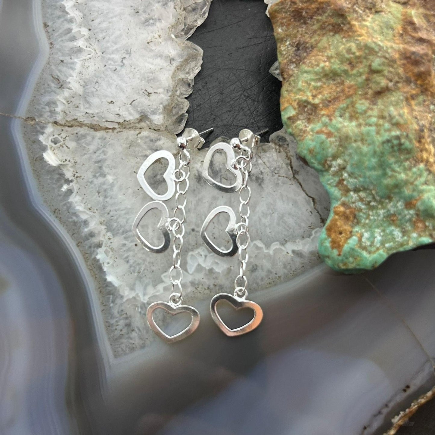 Sterling Silver 3 Cutout Hearts Fashion Dangle Earrings For Women