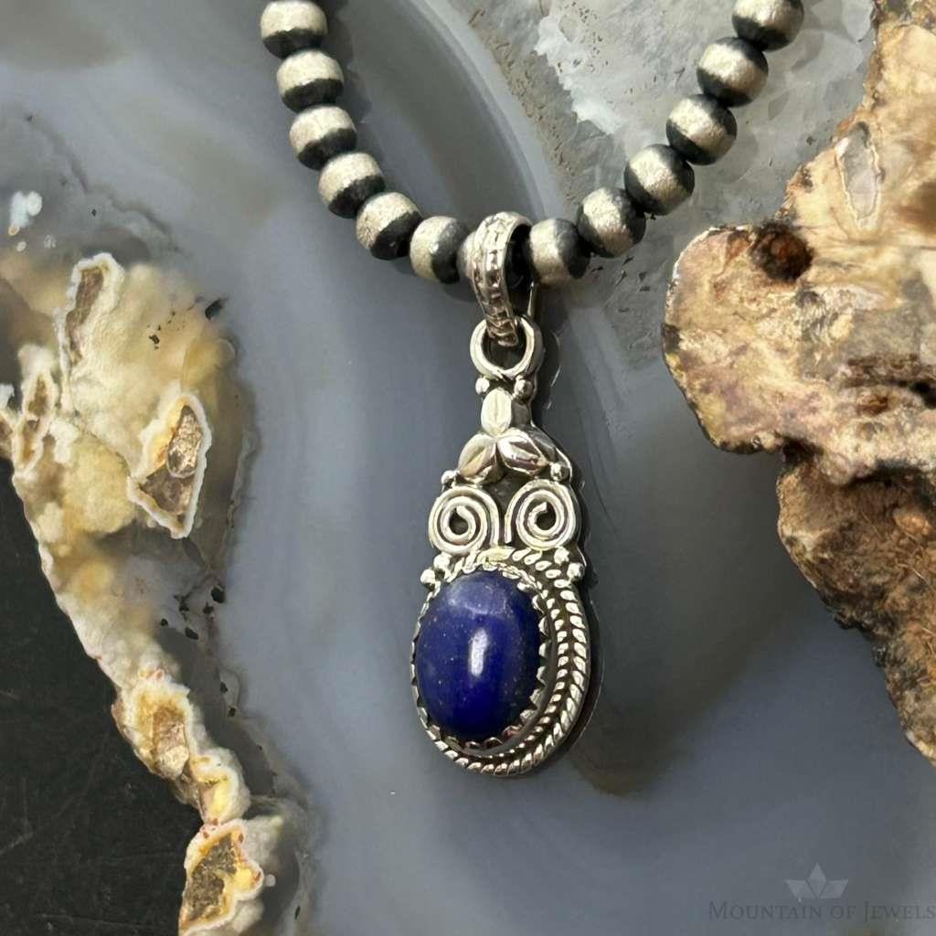 Sterling Silver Southwestern Style Oval Lapis Decorated Charm/Pendant For Women