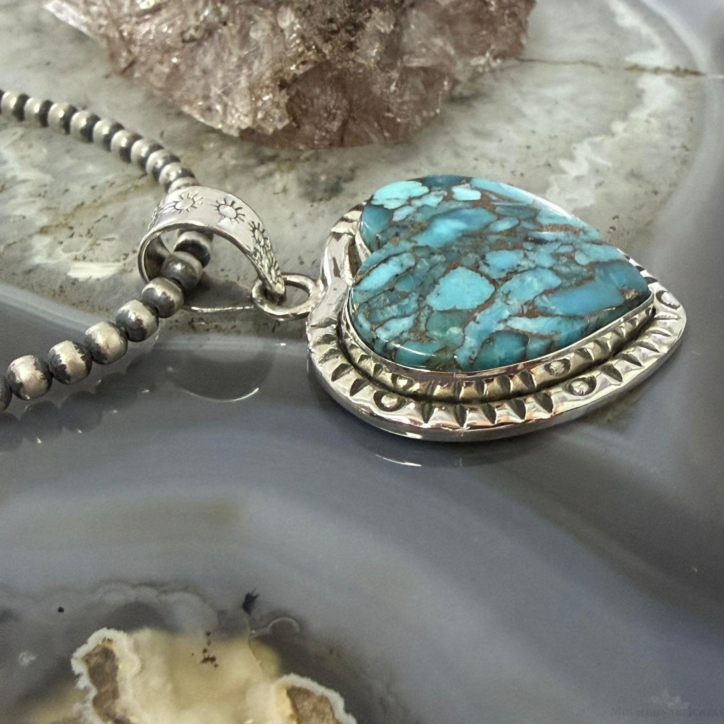 Sterling Silver Southwestern Style Blue Turquoise Dahlia Heart Pendant For Women