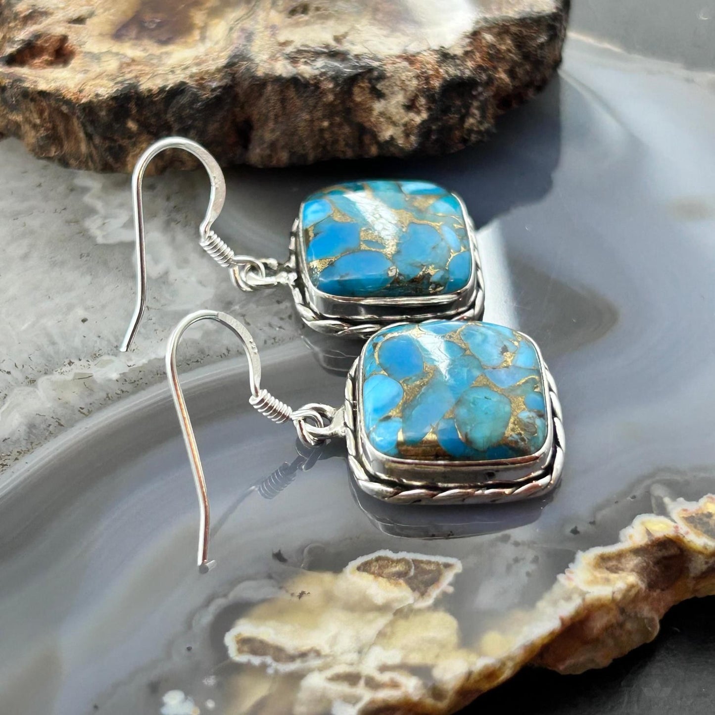 Sterling Silver Southwestern Style Blue Copper Turquoise Dangle Earrings For Women #1