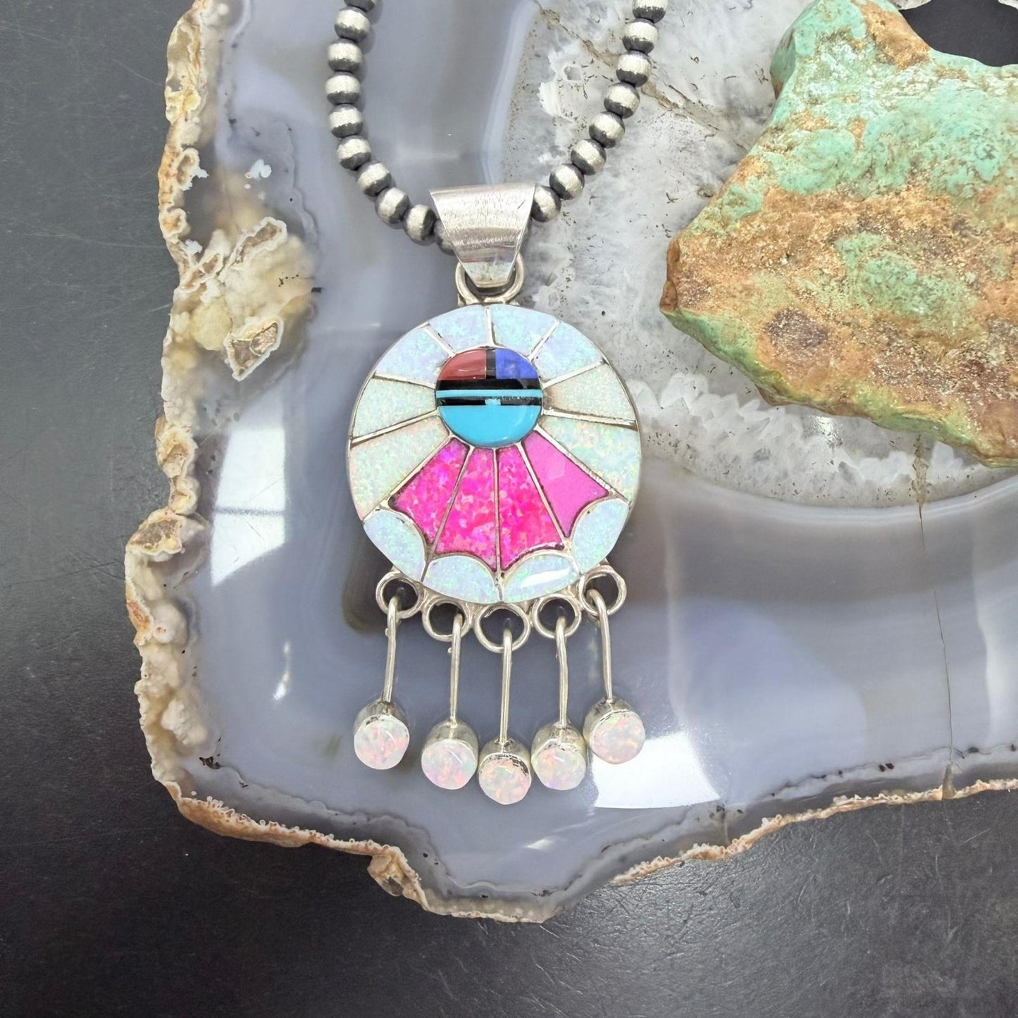 Amy Quandelacy Zuni Sterling Silver Sunface Opal,Turquoise,Coral Decorated Pendant
