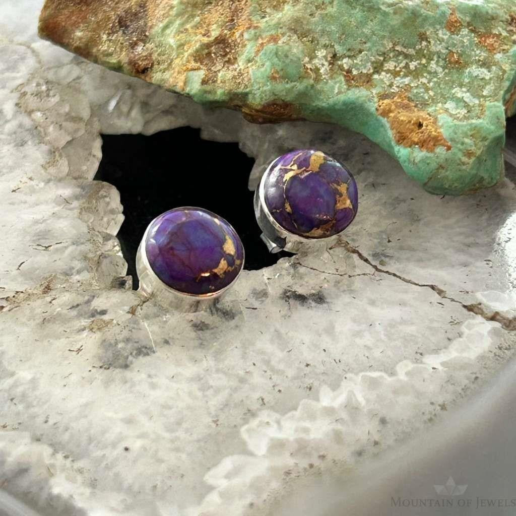 Sterling Silver Southwestern Style Rounded Purple Dahlia Stud Earrings For Women