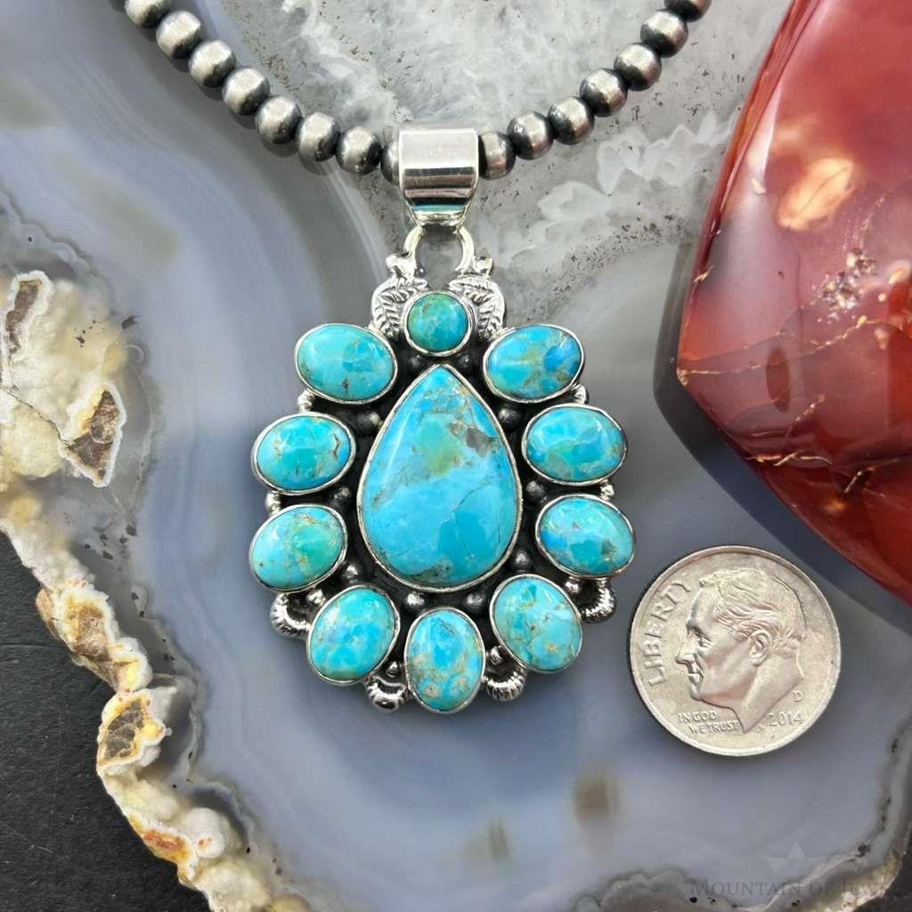 Sterling Silver Southwestern Style Mohave Turquoise Cluster Pendant For Women #1