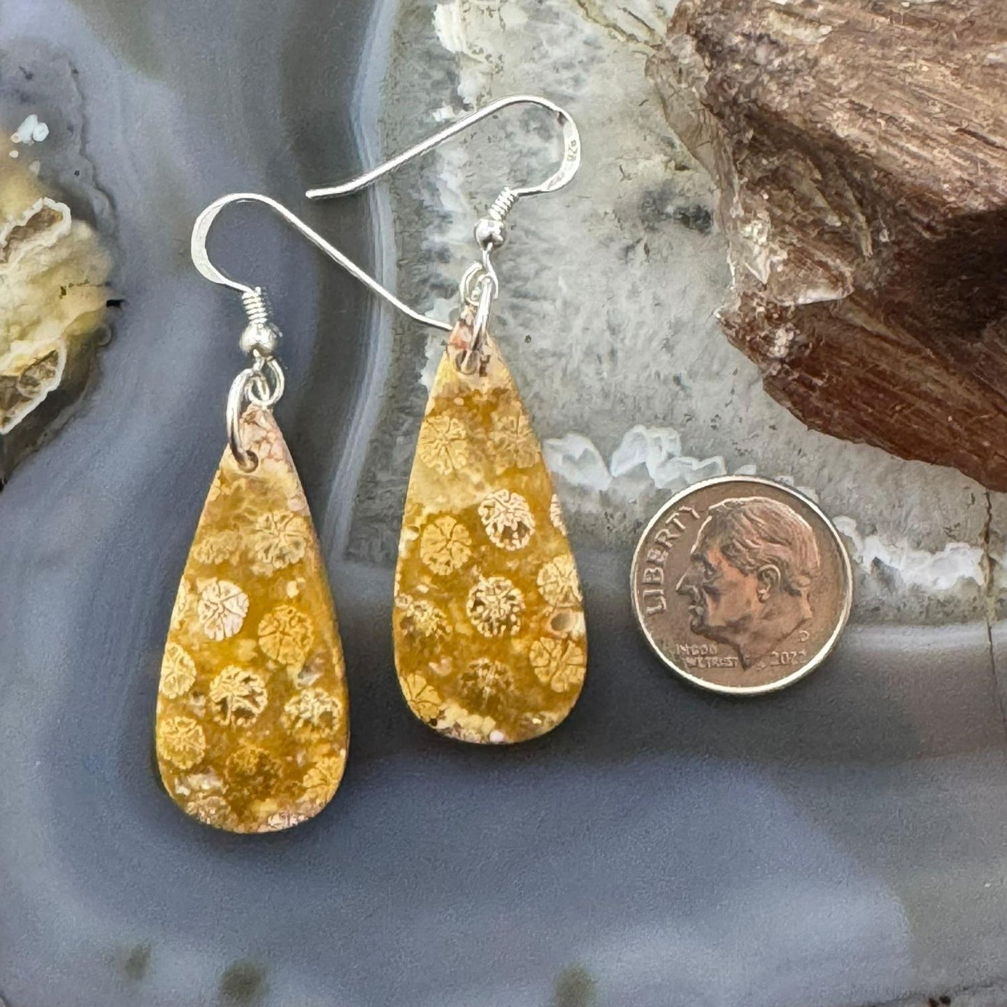 Sterling Silver Teardrop Fossilized Jasper Slab Dangle Earrings For Women #193