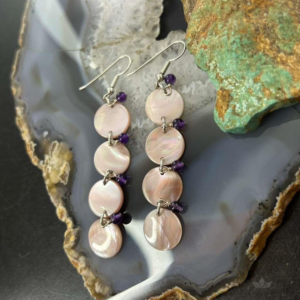 Carolyn Pollack Sterling Silver Pink Mother of Pearl & Amethyst Dangle Earrings