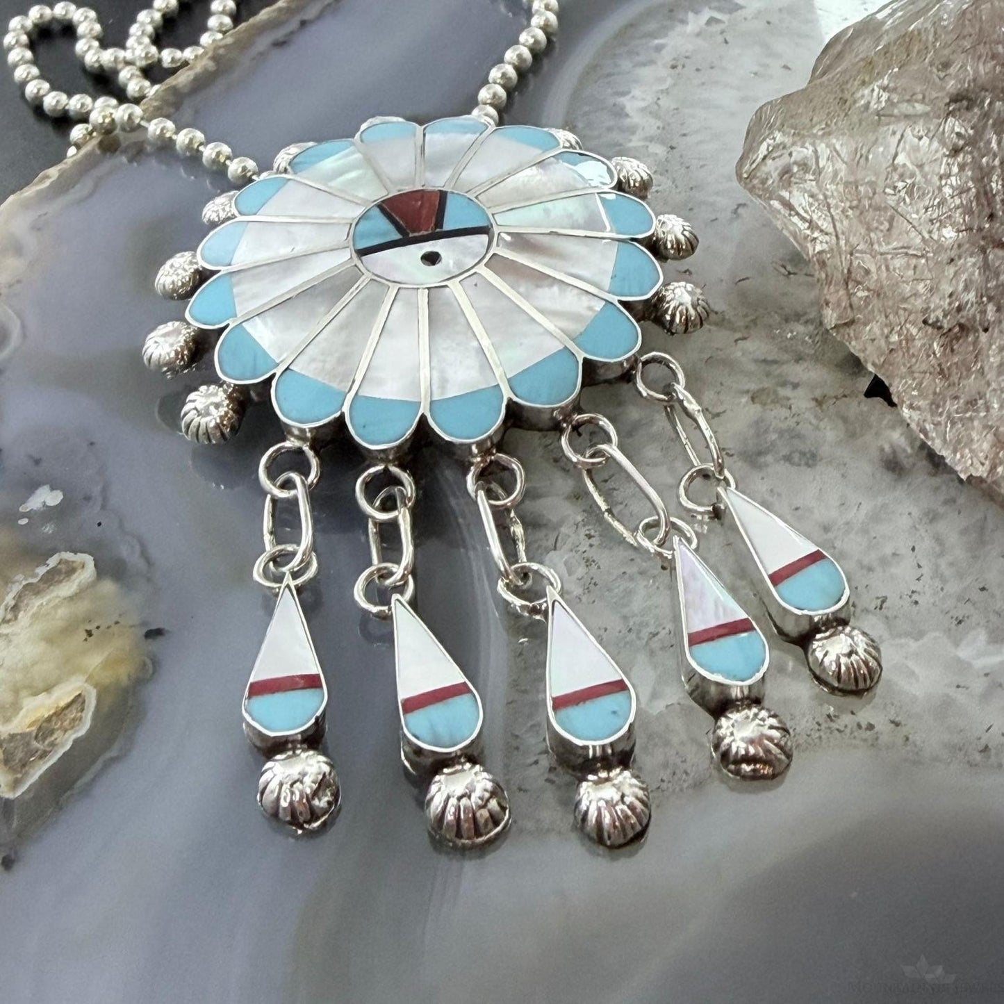 Abel Soseeah Zuni Native American Sterling Silver Inlay Sunface Pendant/Brooch For Women