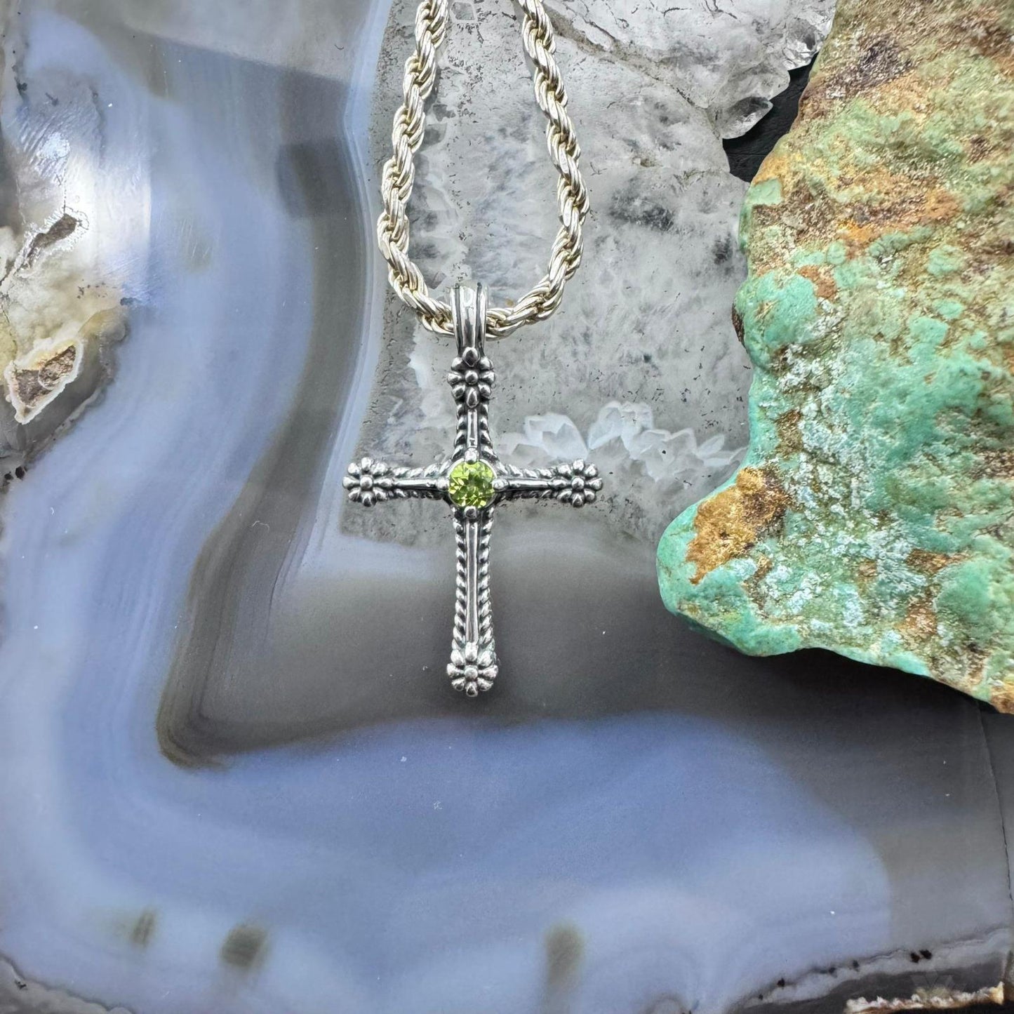 Carolyn Pollack Sterling Silver Peridot Dot Decorated Cross Pendant For Women