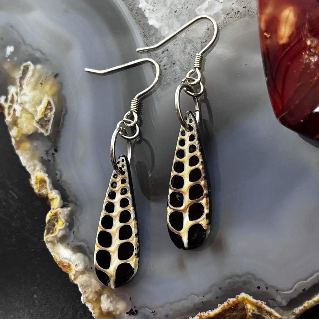 Sterling Silver Teardrop Turritella Fossil Slab Dangle Earrings For Women #333