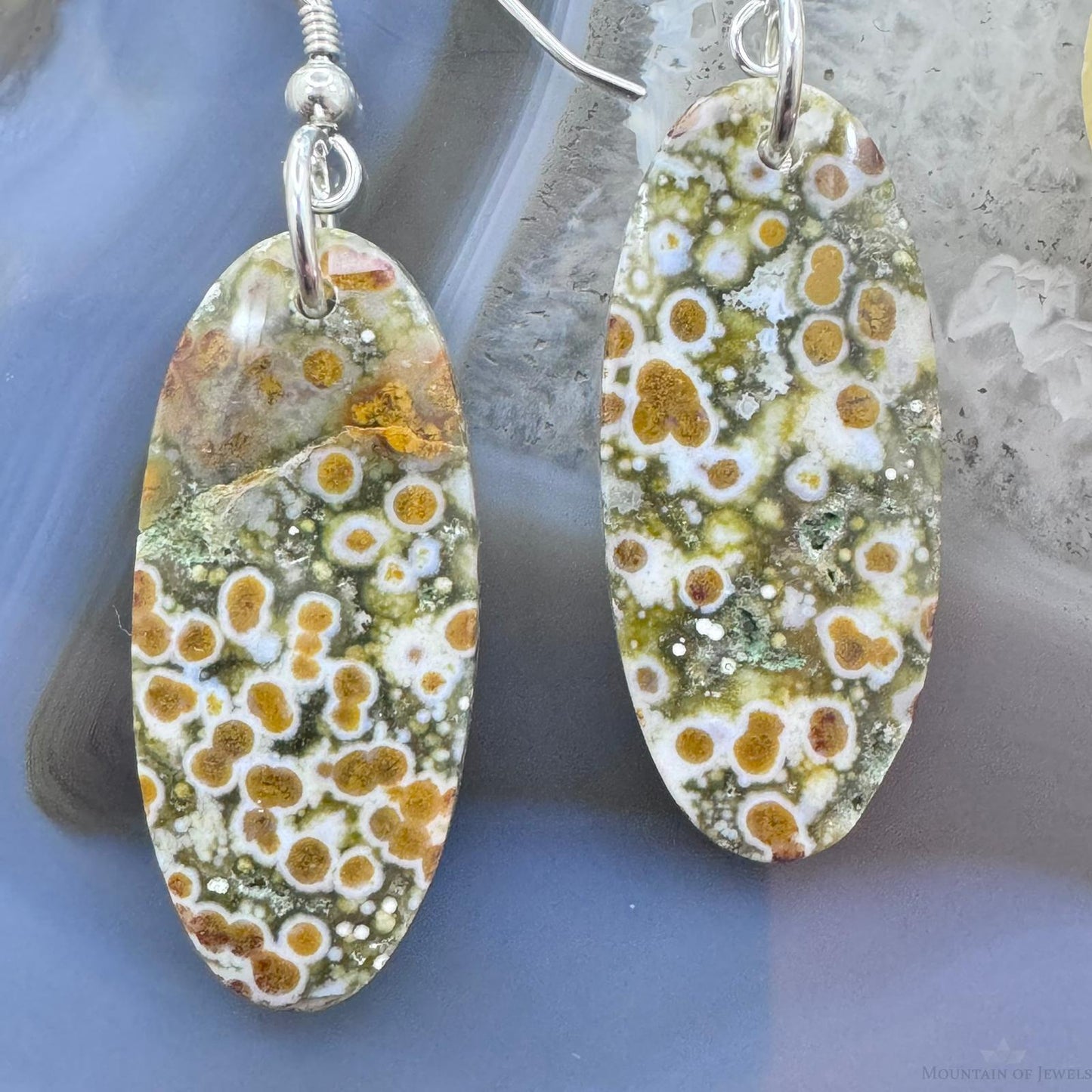 Sterling Silver Elongated Oval River Jasper Slab Dangle Earrings For Women #227