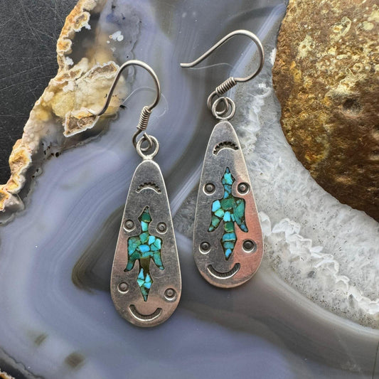 Vintage Native American Silver Turquoise Chip Inlay Peyote Bird Dangle Earrings For Women